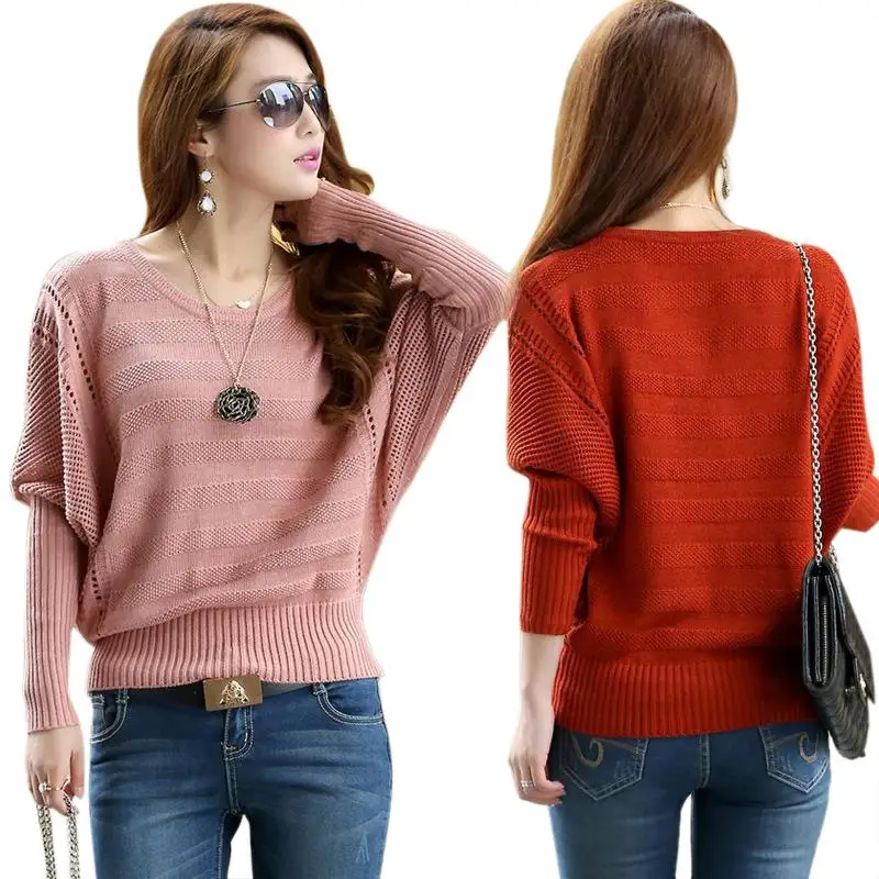 New Fashion Women Solid Hollow Bat Loose Outerwear Round Neck Long Sleeved Pullover Sweater LY137