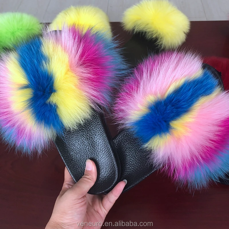

Fashion Women Real Big Fox Fur Colorful Sandal Slides Soft Big Furry PVC fur Slippers, Customized color