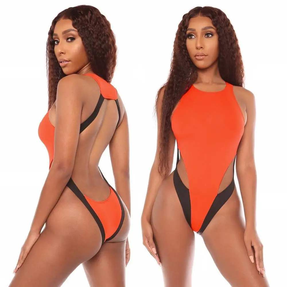 2019 One Piece Color Matching Dew Back Crotchless Woman Swimwear Bikinis