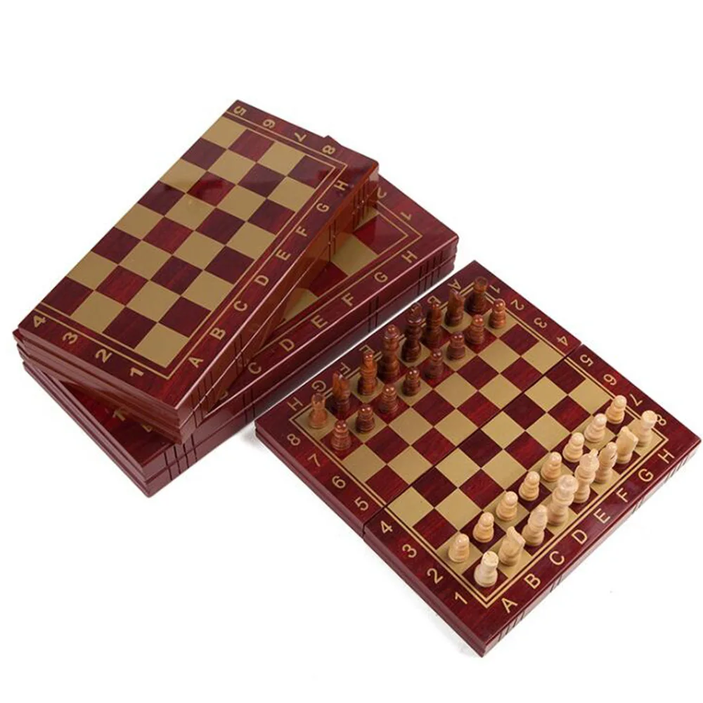 

High Grade Foldable Wooden Chess Set Folding Chess Board Game, Brown