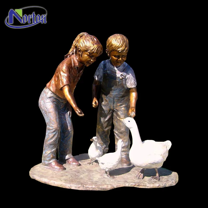 Garden Decor Bronze Sculptures Children And Duck Statue Ntbs 421y