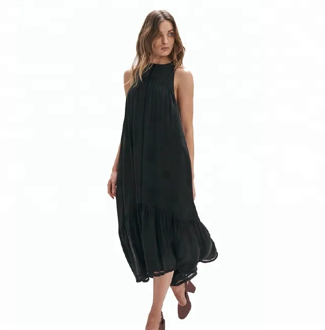 

Casual Women Boho Dresses Black Sand-wash Silk Maxi Dress MAW18027