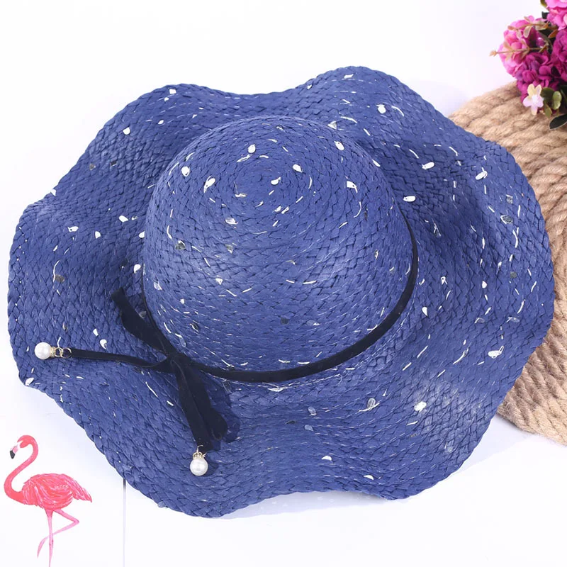 
Sun Straw Boater Hat Paillette Design Paper Sweet Style Summer Beach for Women Ribbon & Rope Adults Female IMAGE Plain 