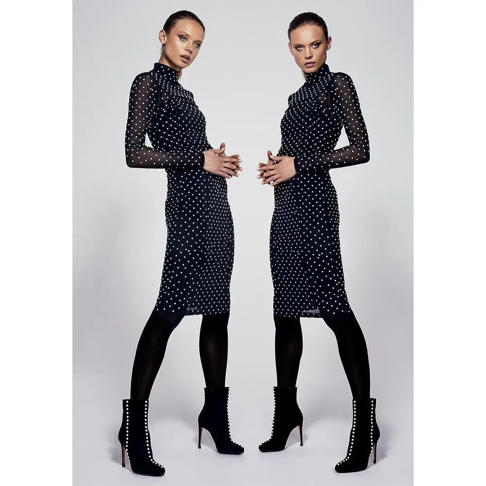 

2018 Latest Design Women Bandage Fabric Long Sleeve Round Neck Spots Office Casual Dress, Shown