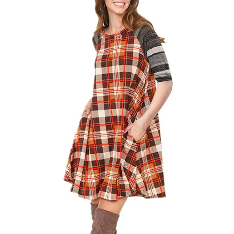 

2019 Fashion Women Leisure Long Sleeve Plaid Dress, As picture