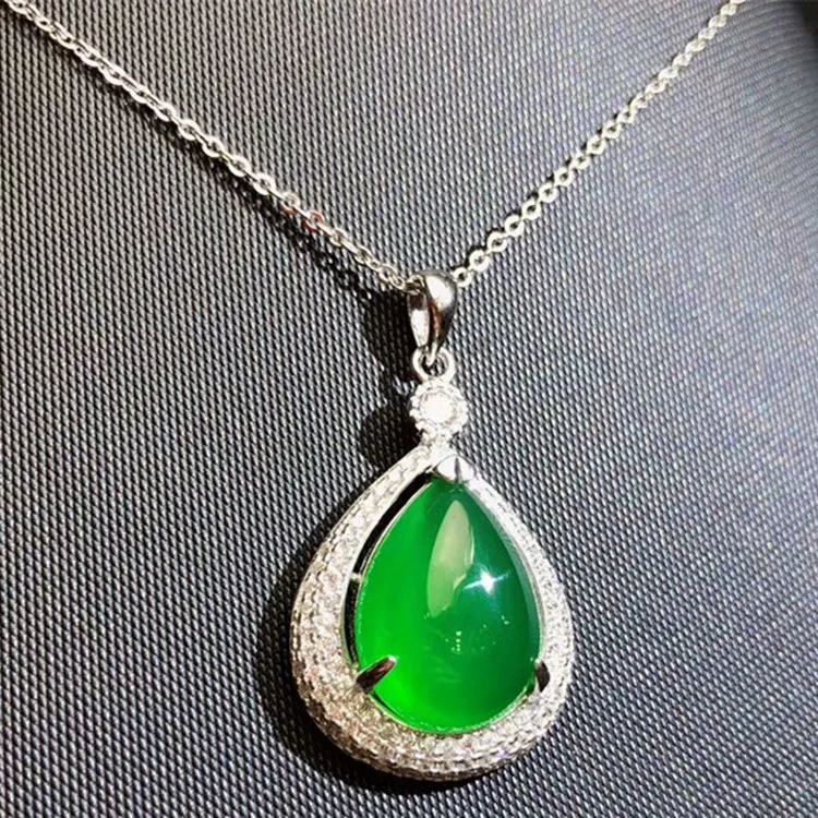 

fine jewellery wholesale classic zircon green jade Chalcedony charm pendant necklace 925 sterling silver jewelry women