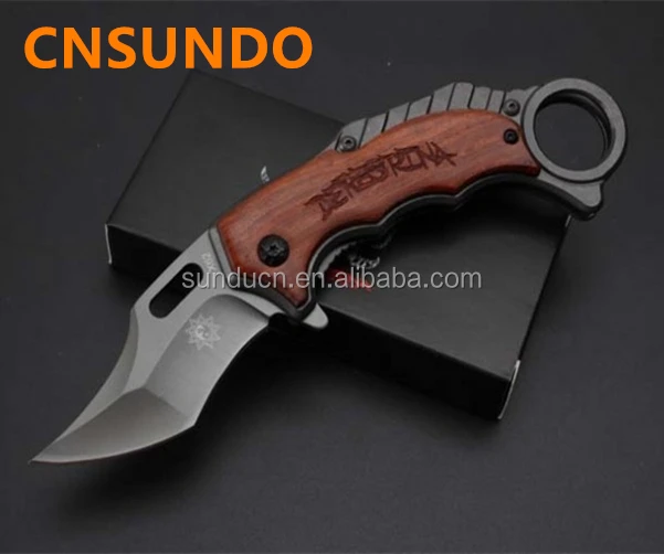 

OEM Hot Sale 5Cr15MoV Steel Blade Wood Handle Titanium Finish Karambit Pocket Knife Folding Blade Knife with Exquisite Box