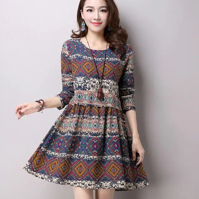 Zm318a Women One Piece Dress Vintage Printing Long Sleeve Linen Dresses Buy Long Sleeve One Piece Dress Vintage Long Sleeve Dresses Dresses Women Ladies Product On Alibaba Com