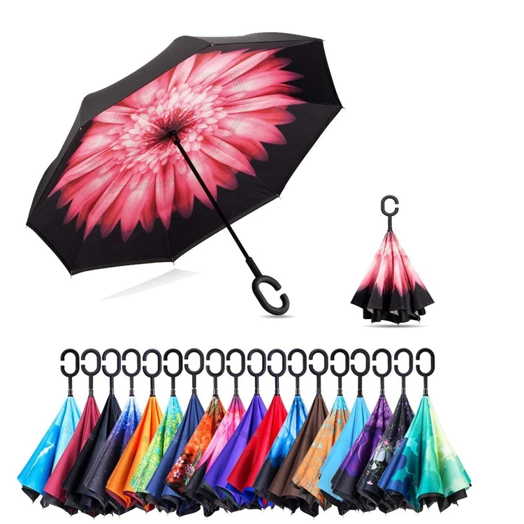 

Inside Inverted Reverse Umbrella Parasol Print Customized Double Upside Down Rain Proof Customized Color Reverse Fold