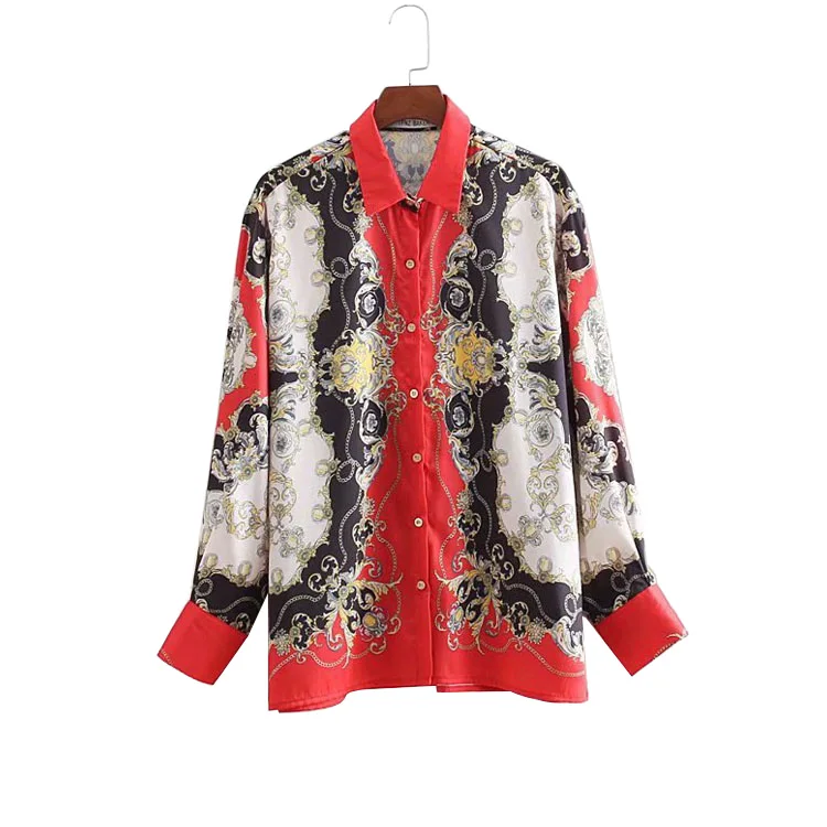 

Modern Design Fashion Chiffon Full Sleeve Positioning Flower Women's Blouse Tops, Red