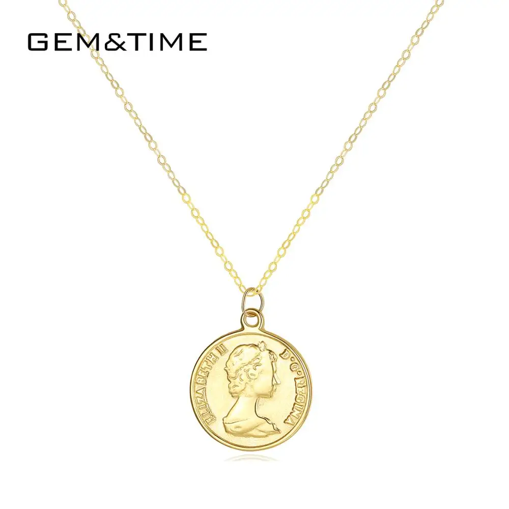 

GEM&TIME 14K Solid Real Gold Necklace Elizabeth II Photo Design Necklaces Good Quality Necklace Wholesale Jewelry