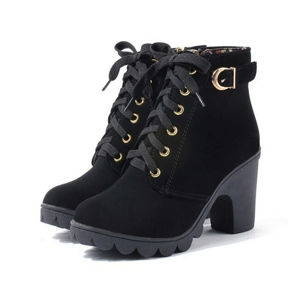 

2021 New Autumn Winter Women Boots High Quality Solid Lace-up European Ladies shoes PU Leather Fashion Boots Free Shipping