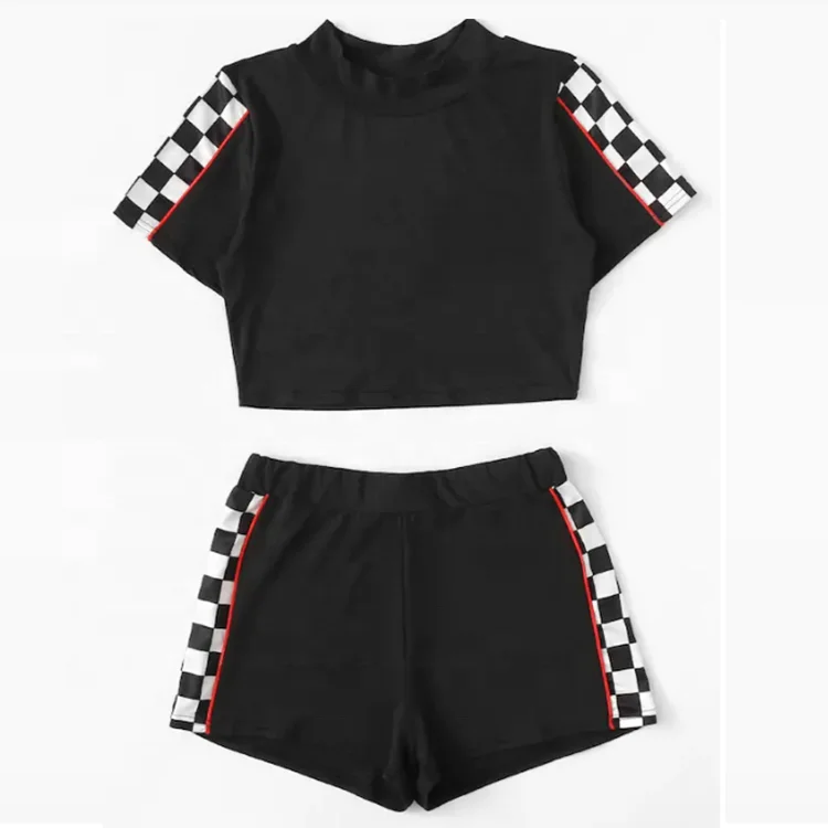 

Wholesale Cheap Custom Gingham Panel Ladies Crop Top Gym T shirt with Shorts Women, As below color card