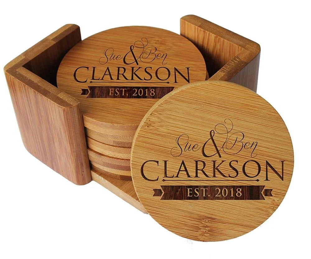 Customized Kitchen Square Round Tea Cup Pads Set Blank Sublimation Bamboo Wood Placemats Coasters with Holder for Drinks
