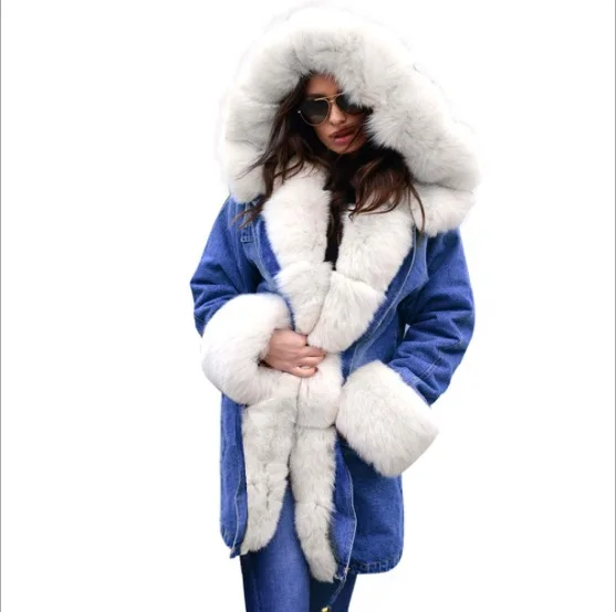 winter jacket women outwear thick parkas Lady's denim coat natural real fox fur collar coat