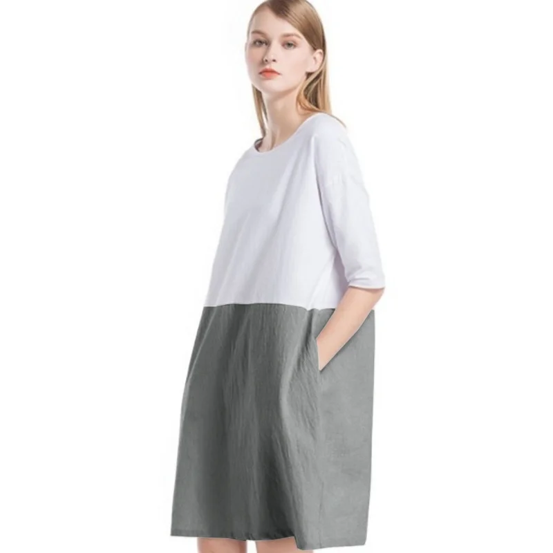 

New Arrivals Fashion Women Casual O-Neck Two Tone Colors Patchwork Loose Pocket Cotton Linen Oversized Shirt Dress