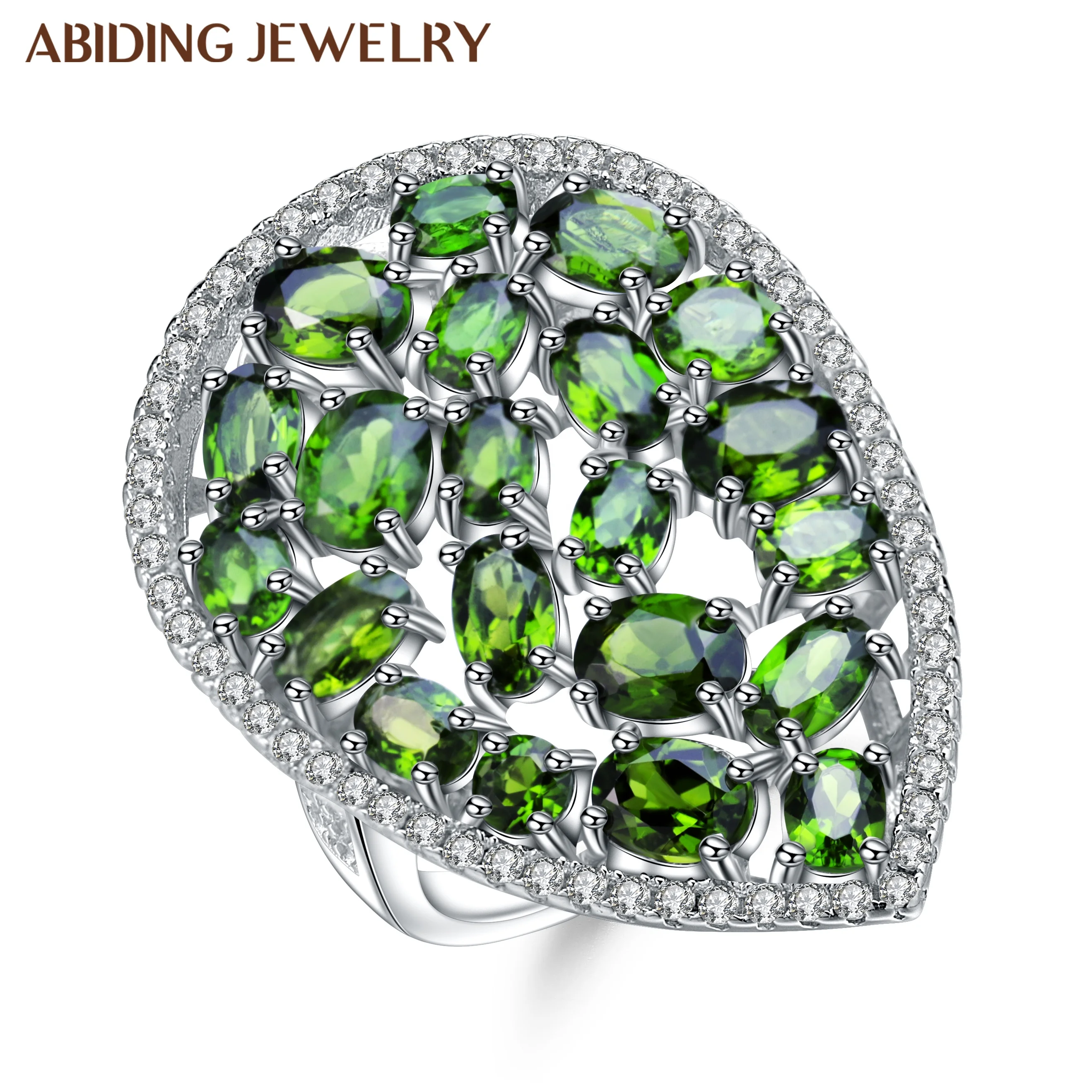 

Abiding Fashion Natural Chrome Diopside Cocktail Water Drop Rings Luxury Women's 925 Sterling Silver Jewelry Rings