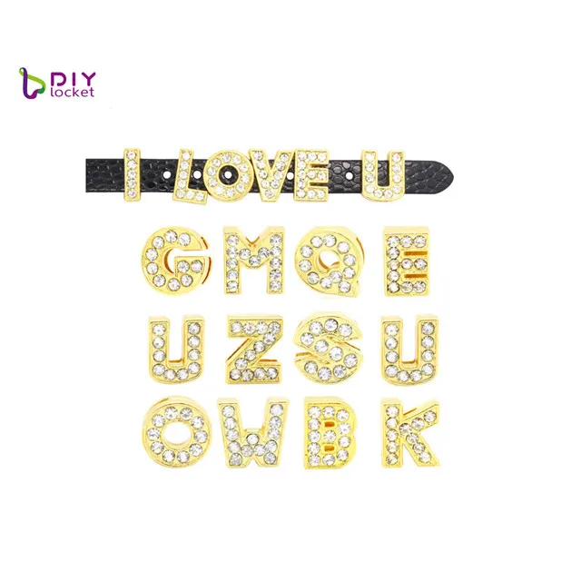 

Wholesale Rhinestone Gold Slide Letters For 10mm Leather Bracelet And Dog Collars,10 mm gold bling bling letter slider charms, Picture