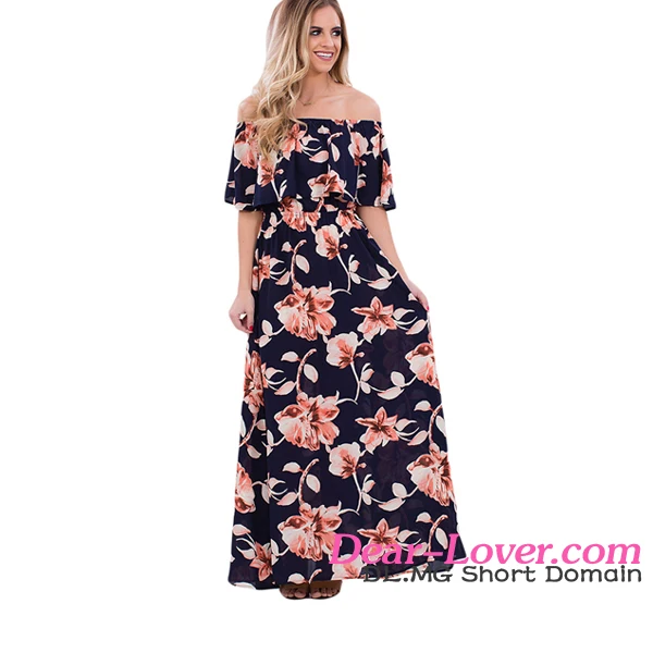 

Boho Vibe Floral Print Off Shoulder Maxi Dress Long Frock for Women, Navy blue