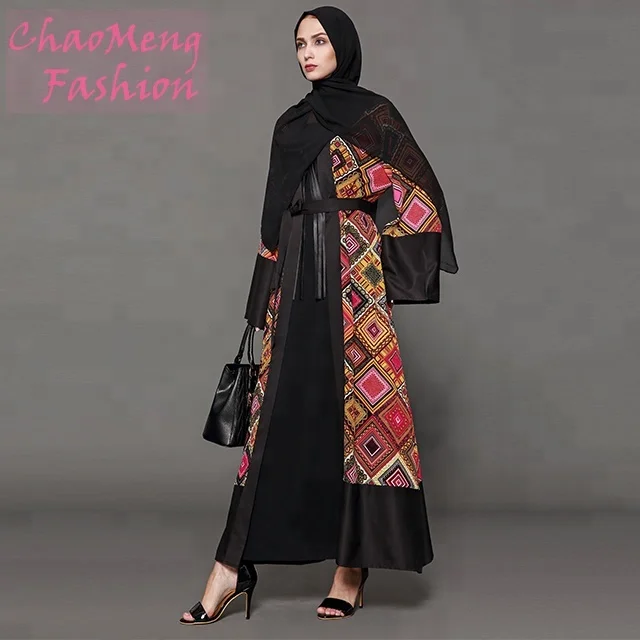 

1539# Fashion plus size flower kimono printed Muslim front open abaya, As shown