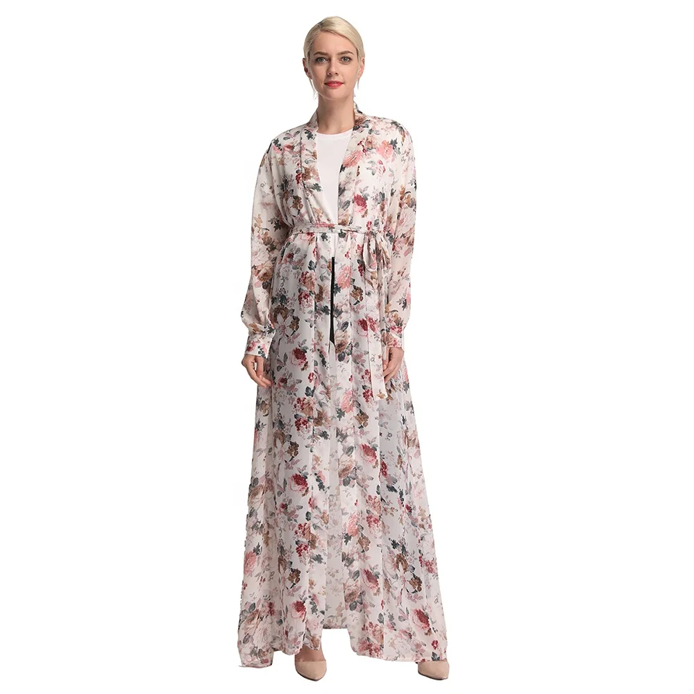

Wholesale in stock women chiffon open abaya floral printed ladies kaftans abaya dubai dropshipping, Black,navy,white,green