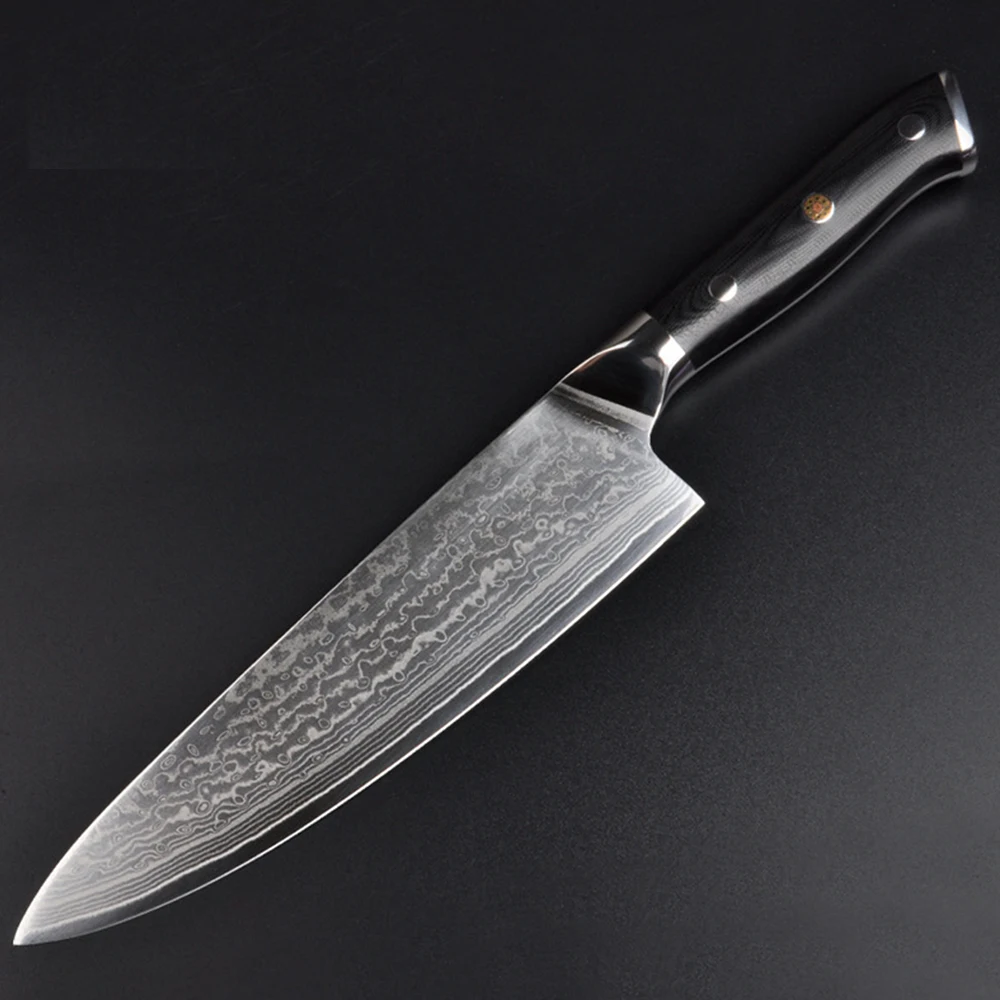 

JK200CF1 Professional VG10 Core Steel 67 Layers Damascus Steel Fixed Blade Kitchen Knife Mosaic Rivet G10 Handle Chef Knife