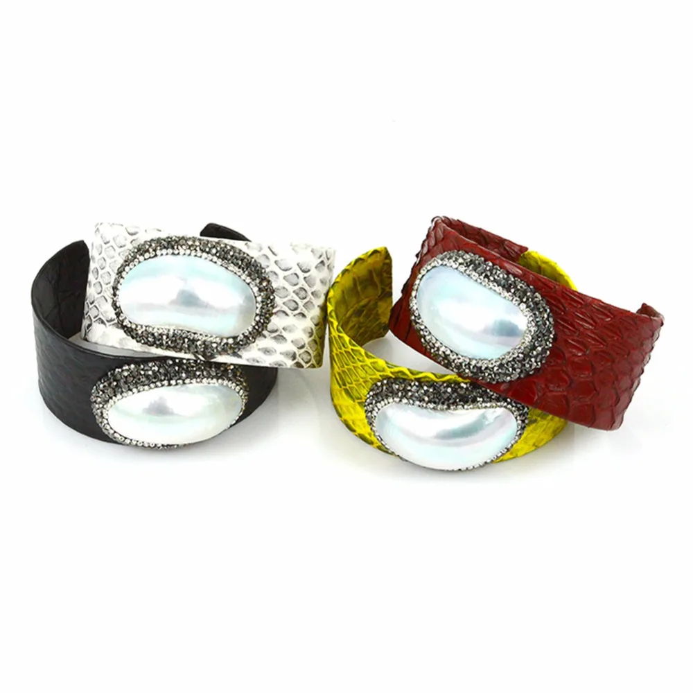 

Colorful Stingray Skin Open Bangle Pave with Fresh Water Pearl and Micro CZ Fashion Jewelry 2017, Gold , silver