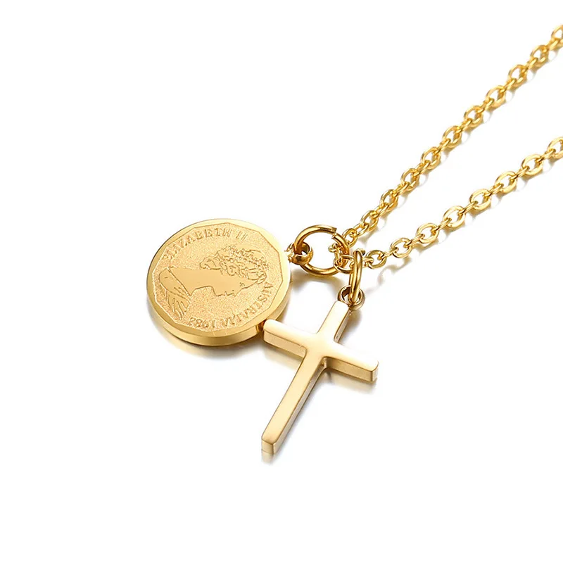 

Christian Jesus Single Titanium Cross coin Necklaces Pendants Women Stainless Steel Gold Prayer Choker Men Jewelry