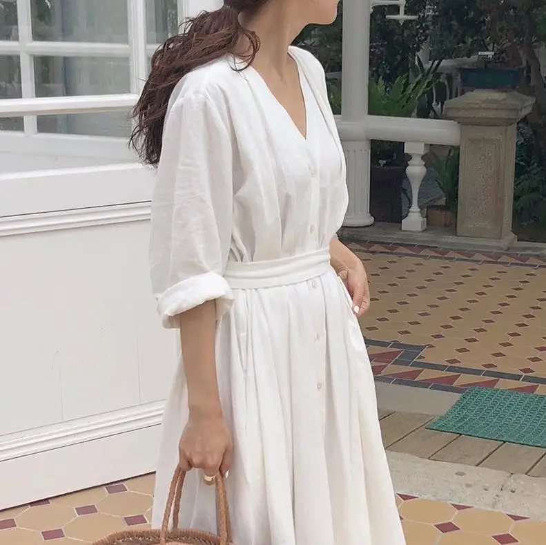 

Korean Women Casual Dress Solid Ankle-Length Autumn Party Dress Vestidos Cute Clothing Office Lady Fold Belt Loose Dress, As shown