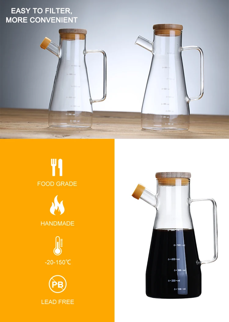 Handmade high borosilicate glass water oil bottle decanter with wooden lid