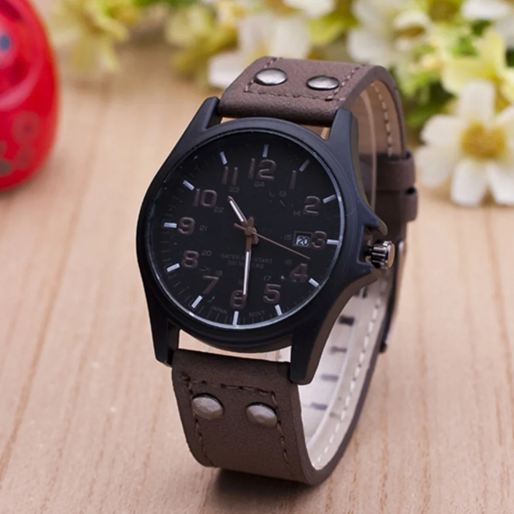 

New Men's Watches Leisure Men's Military Watches Imitation Leather Calendar Quartz Watches Factory Direct Selling, As shown