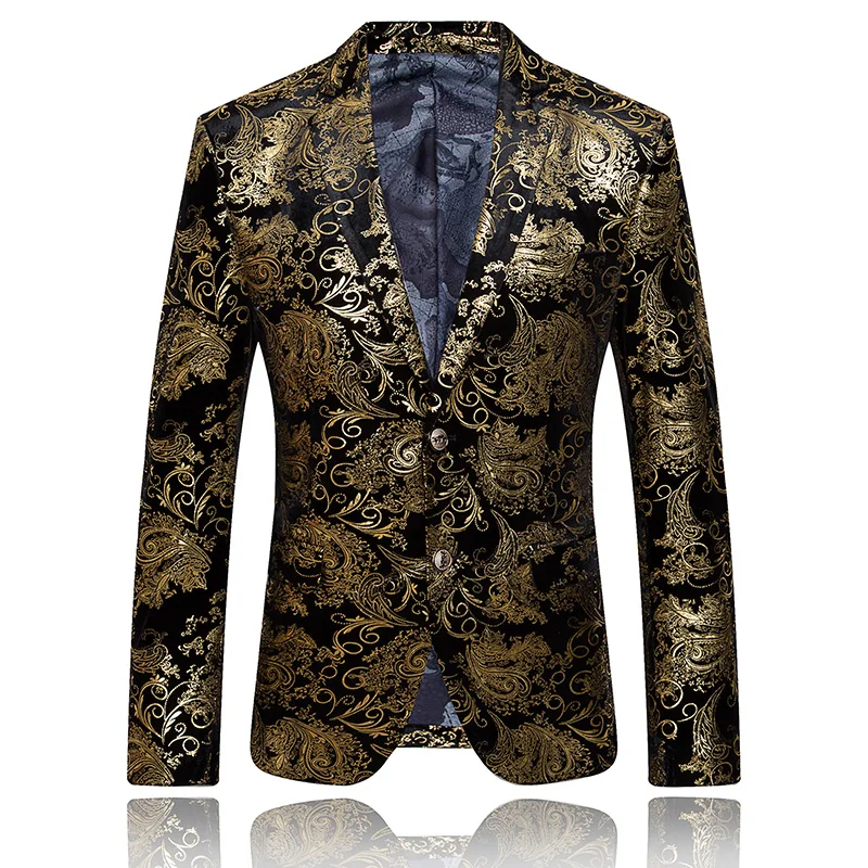 

wholesale Mens black velvet Gold paisley flower Print Blazer Floral Casual Male Spring New Arrival Fashion Slim Fit suit jacket, 1 colors