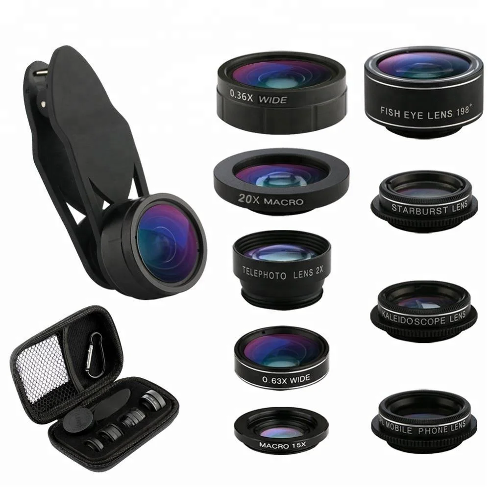

Shenzhen New Gadgets 9 in 1 Cell Phone Camera Lens Kit include fisheye/ wide angle/ micro/cpl /Starburst filter lens, N/a