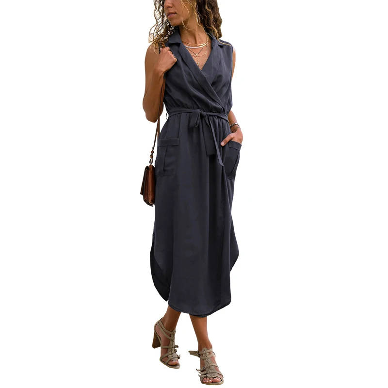 

2019 Women Casual Sleeveless Shirt Long Dress with Pockets