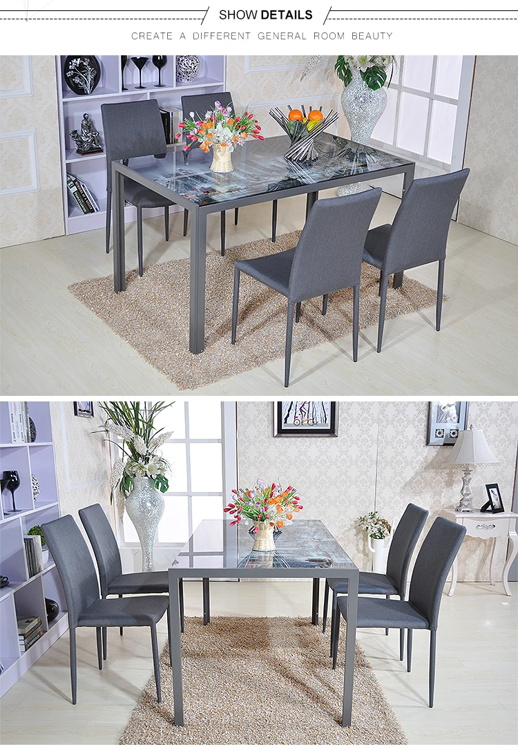 Modern Dining Room Design 6 Seaters Blue Tempered Glass Dining Table