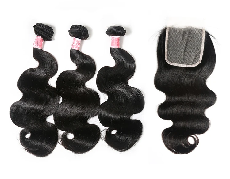 

JP Fast delivery Brazilian hair bundles with closure 100 Human Hair Bundles With Lace Closure Remy Hair Weave, Natural color ( near 1b# )