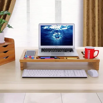 Bamboo Monitor Stand Riser With Storage Organizer Laptop Cellphone