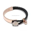 Cheap Rose gold Stainless Steel Cuff Braided Double Layers Leather Flower Bracelets with Crystal Clover
