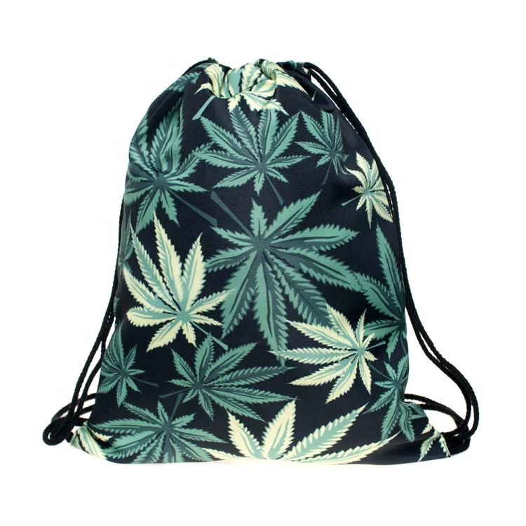 

wholesale polyester ripstop digital printing hemp leaf swim bag drawstring backpack, Three colours