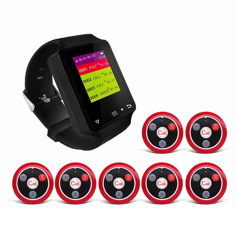 

Artom restaurant caller system wireless with 10 pagers call button and waterproof watch set in French Spanish Italian Russian
