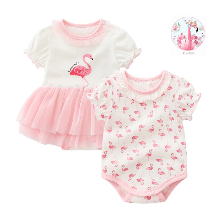 

2019 Latest Fashion Lace Baby Girl Princess Romper Dress With Flamingo Pattern