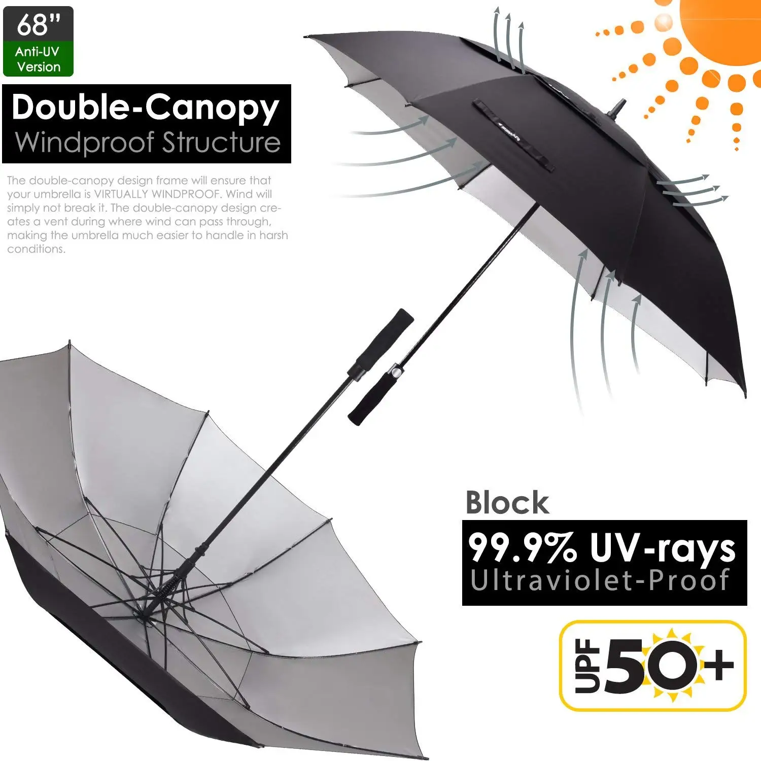 G4Free 62 Inch Portable Golf Umbrella Large Oversize Double Canopy Vented Windproof Waterproof Automatic Open Stick Umbrellas For Men And Women(Dark