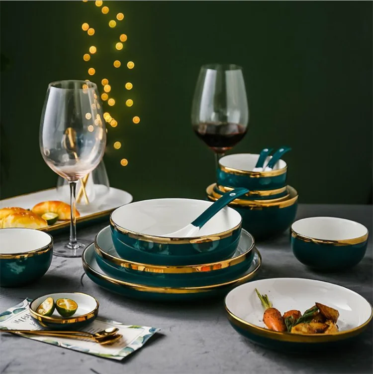 

Sample Nordic luxury blackish green phnom penh porcelain dish plate ceramic dinnerware sets, Retro dark green phnom penh