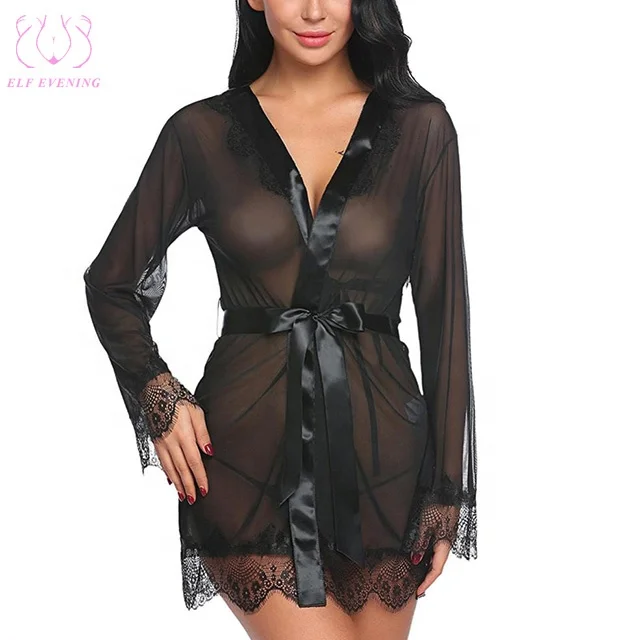 

Wholesale Silk Long Sleeve Black Big Size Night Wear Slip Sexy Robe For Woman, As photo