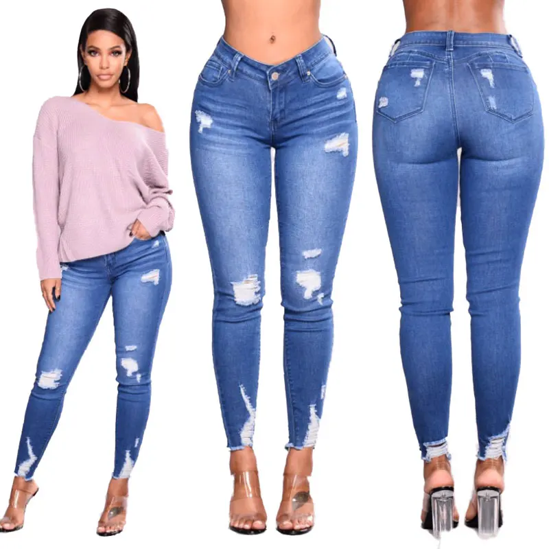 

90623-MX117 casual simple high waist ripped ladies jeans