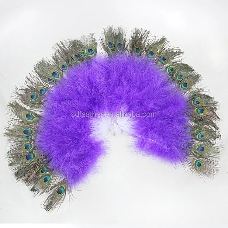 Dancing Costumes Purple 21 Folding Staves Peacock Feather Fans Handmade Stage Performance Fan 1205