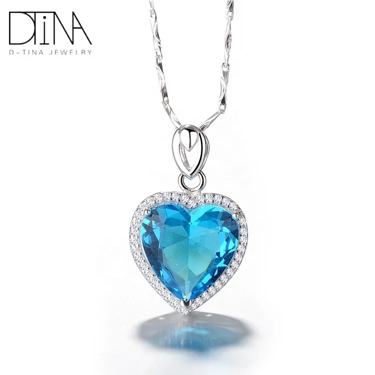 

DTINA 925 Sterling Silver Heart Shaped Blue Big Gem Custom Pendant, White gold plated