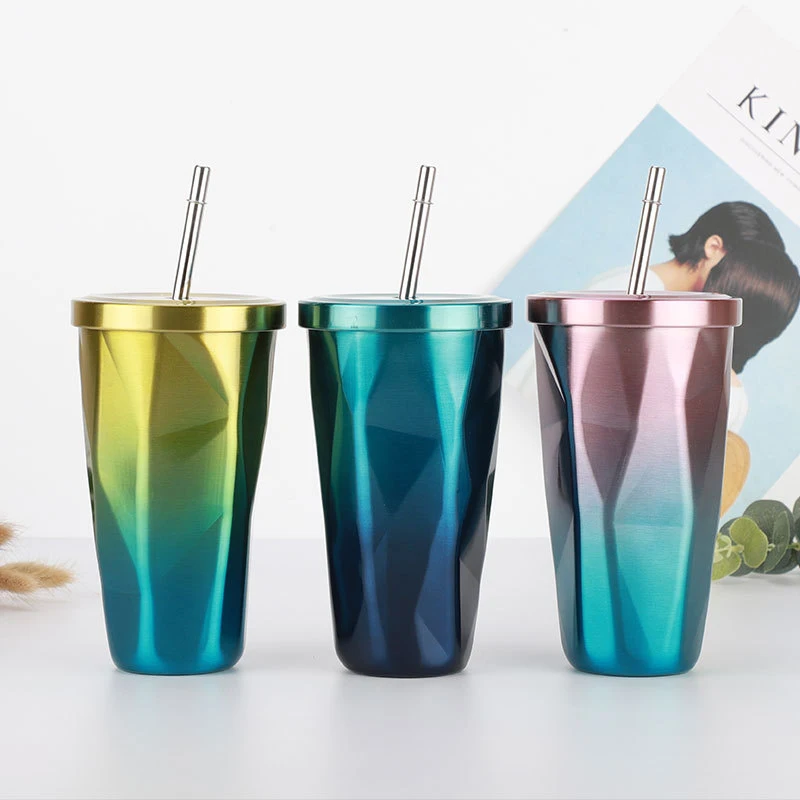 

500ml BPA Free Rhombic Stainless Steel Vacuum Insulated Cup Coffee With Straw And Lids, Colorful