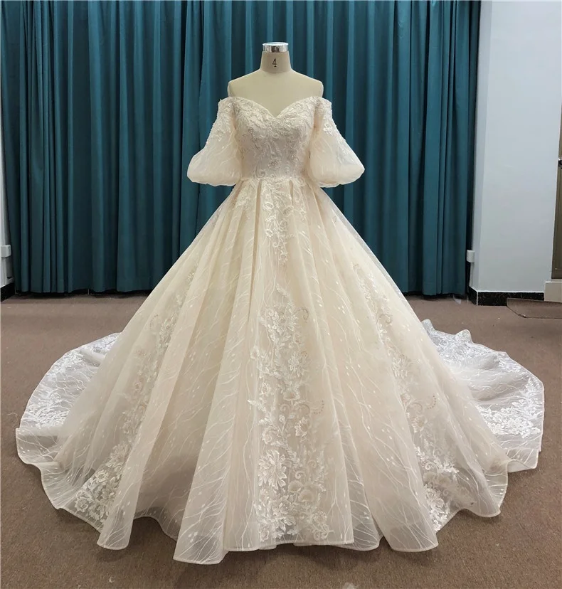 

Off Shoulder Flare Sleeves Beaded Lace Princess Wedding Dress Royal Train Bridal Gown, Custom color
