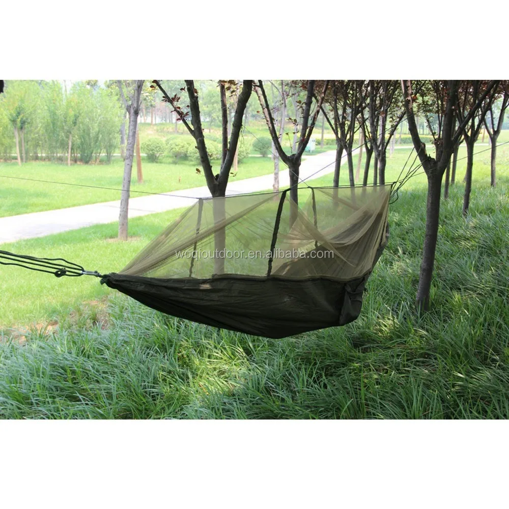 WOQI Wholesale  Outdoor Nylon  Portable Camping Hammock with Mosquito Net  Swings Strap Hook Double Hammock